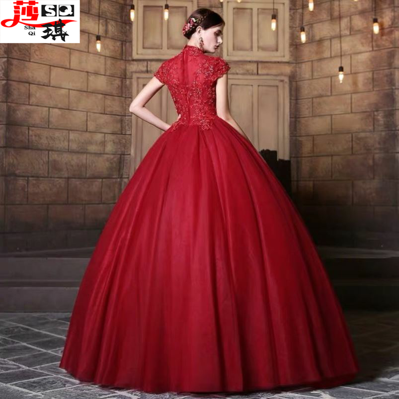 艺考服装女独唱演出服2020新款声乐主持人礼服蓬蓬裙长款红色婚纱