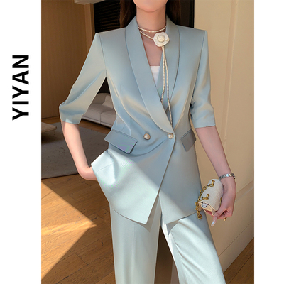夏季高级感缎面西装套装女两件套