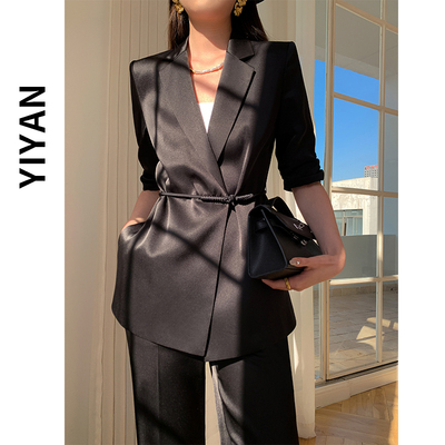 国风中式黑色西装套装女夏季薄款