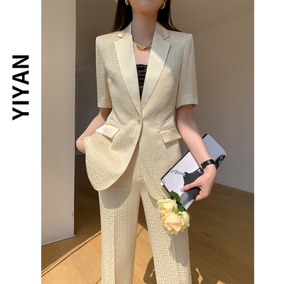 邑颜短袖醋酸缎面西装套装女薄款