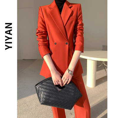 橘红色西装套装春秋季高级女神范