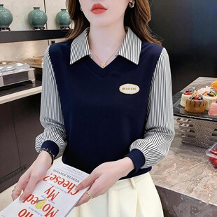 2026早春新款假两件拼接长袖T恤女装百搭薄款卫衣宽松POLO领上衣