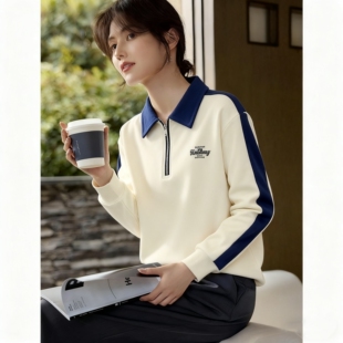 秋衣外穿宽松上衣 打底衫 洋气假两件Polo翻领长袖 T恤女士春秋薄款