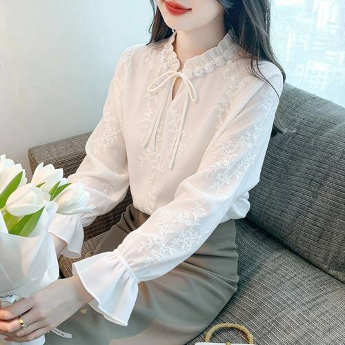 2026早春新中式气质蕾丝衫蝴蝶结系带木耳领衬衫女雪纺衫长袖上衣