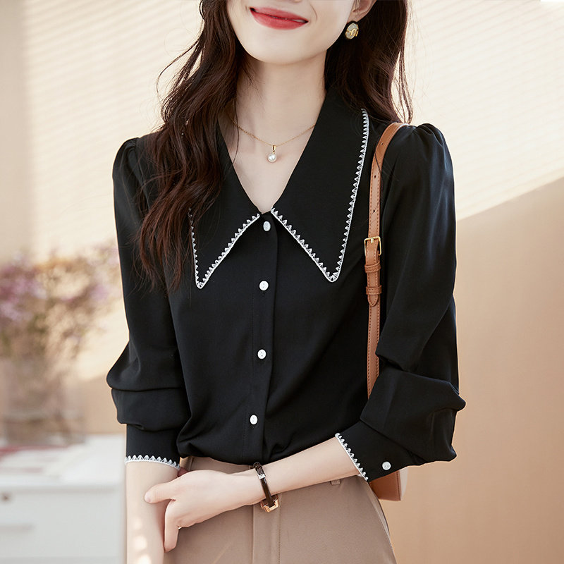 2026春秋新款娃娃领黑色雪纺衫女士缎面高级感泡泡袖垂感职业衬衣