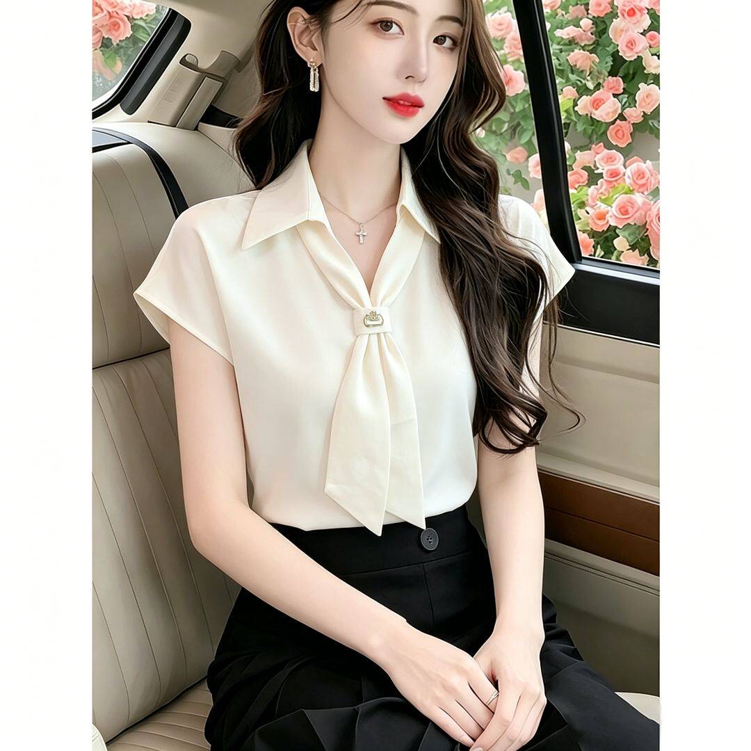 缎面雪纺衬衫职业女装短袖2026夏季新款时尚气质飘带v领洋气小衫