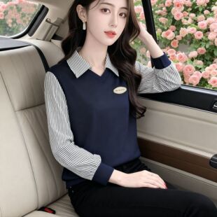 2026早春新款假两件拼接长袖T恤女装百搭薄款秋衣宽松POLO领上衣