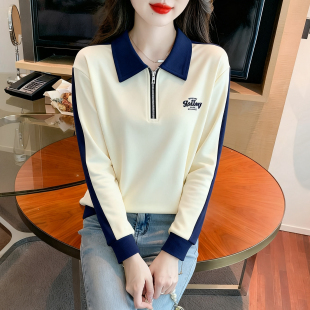 宽松秋衣外穿上衣 打底衫 洋气假两件Polo翻领长袖 T恤女士秋冬薄款