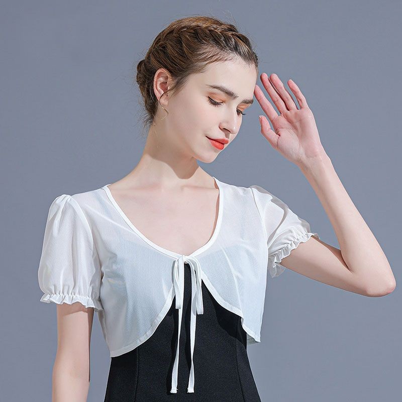 雪纺小坎肩女短款薄外套系带小披肩夏百搭裙子外搭短袖开衫薄上衣