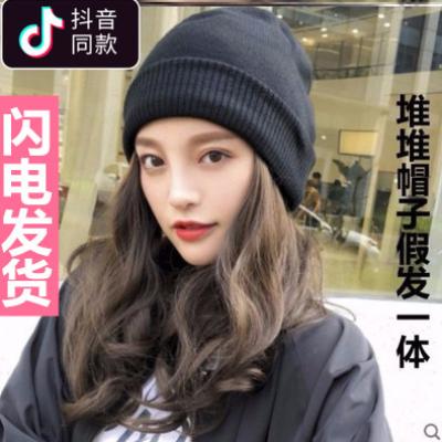 假发女中长发羊毛卷秋冬毛线带帽子假发一体时尚长卷发网红全头套