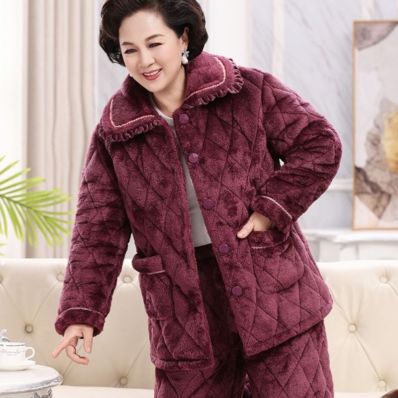 睡衣女冬季加厚加绒珊瑚绒保暖三层夹棉秋冬天法兰绒可外穿家居服