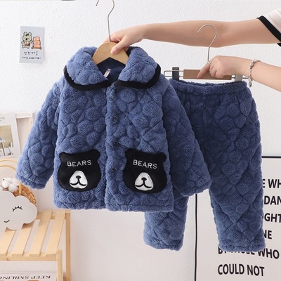 冬季儿童睡衣加厚款珊瑚绒加绒三层夹棉男童男孩法兰绒家居服特厚