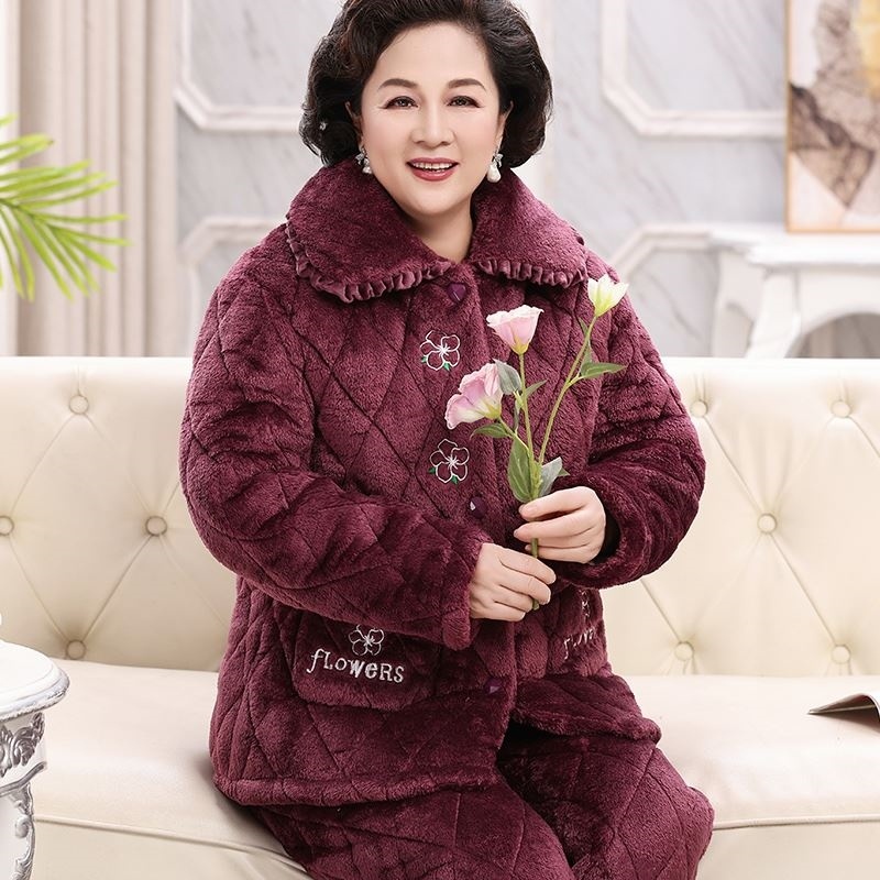 睡衣女冬季加厚夹棉三层加绒珊瑚绒保暖棉袄妈妈中老年法兰绒套装