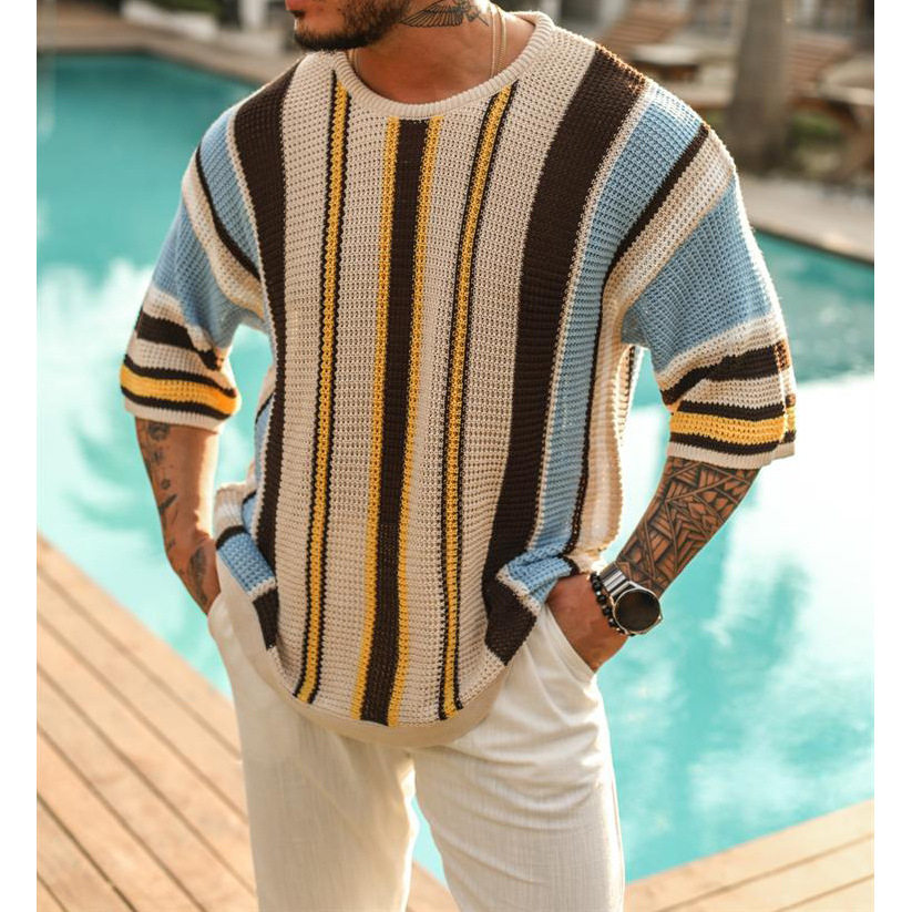 2023 가을 느슨한 라운드 넥 미드 슬리브 스웨터 유럽과 미국 남성 대형 스트라이프 니트 남성용 니트웨어