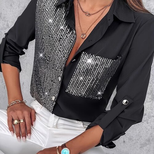 气质亮片拼接长袖显瘦衬衫 Sequin Glitter Splicing Slim Shirt