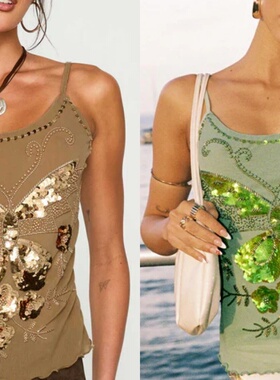 亮片刺绣吊带背心性感上衣 Sequined embroidered camisole Vest
