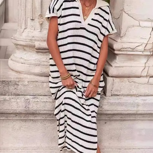 毛衣连衣裙 V领条纹低开叉翻领长款 欧美夏季 女装
