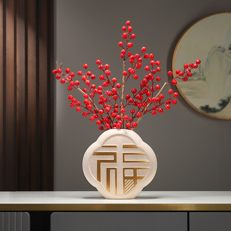 新中式领导博古架福字花瓶插花红果发财果摆件领导新居新年装饰品