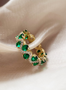 新中式祖母绿锆石戒指小众设计复古轻奢高级感指环气质百搭手饰女