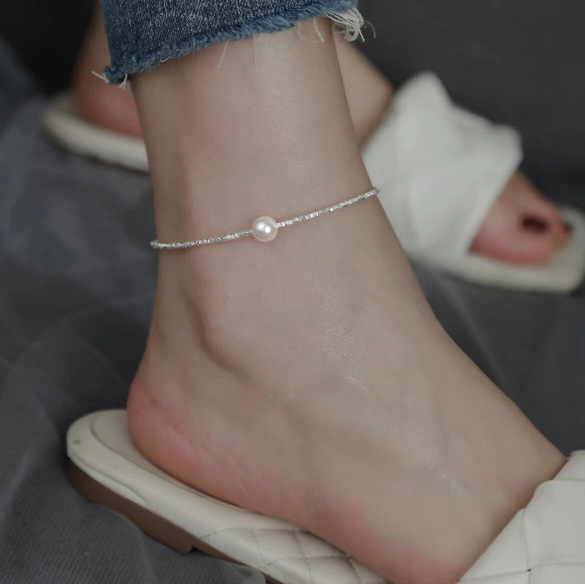 浅搭一下ba~碎银珍珠脚链女轻奢