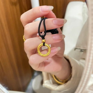 祥云平安扣吊坠黄金色镂空圆圈项链18k金如意锁黑绳金箍圈项链女