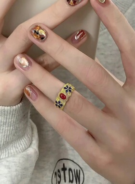 复古风珐琅花丝戒指女新中式古法