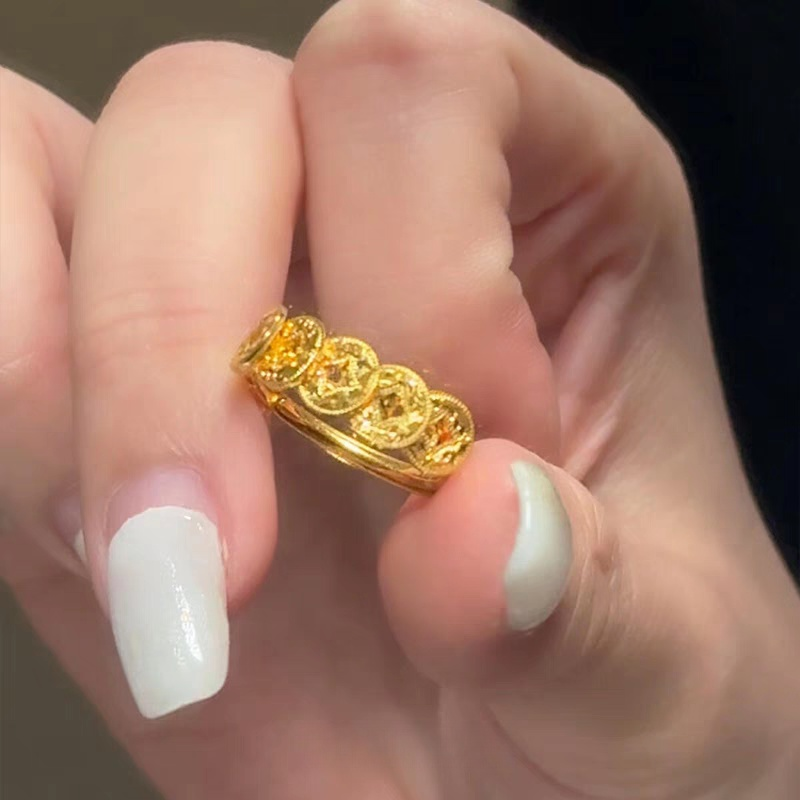 黄金色碎碎冰铜钱戒指女小众设计