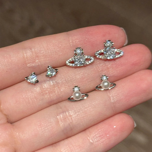 西太后土星珍珠耳钉三件套装女S925银洋气小众设计高级感耳环耳饰