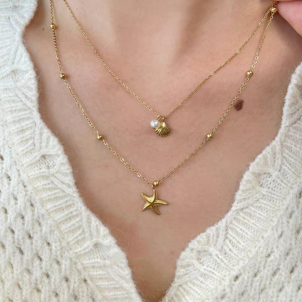 法式复古钛钢双层叠戴海星贝壳