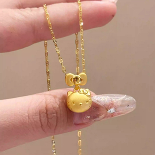 不掉色Hello Kitty黄金吊坠哈喽凯蒂猫项链可爱kt猫蝴蝶结颈链女