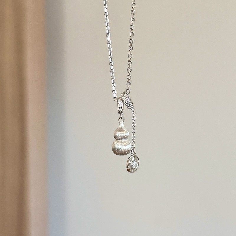 S925纯银拉丝葫芦铜钱吊坠项链女2025新款高级感新中式锁骨链颈链