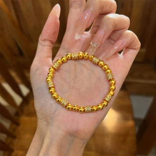 复古沙金5mm金珠跑环串珠手串女不掉色手链叠戴款精致手环手饰品