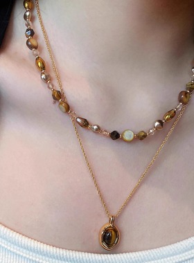 美拉德穿搭虎眼石串珠项链女高端