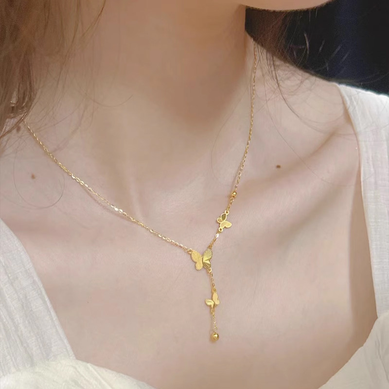 不掉色!18k金色精美蝴蝶流苏项