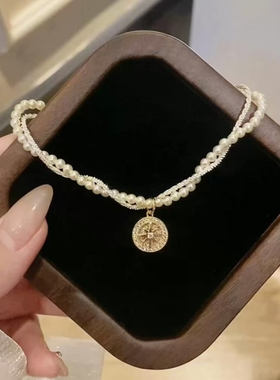 法式双层施家珍珠满天星麻花项链