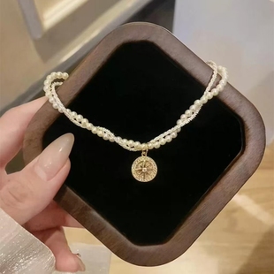 法式双层施家珍珠满天星麻花项链千金感八芒星罗盘锁骨链颈链