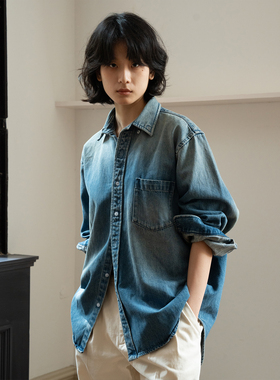 WHIMIN 日产12oz复古水洗厚质牛仔长袖衬衫男女同款做旧宽松衬衣