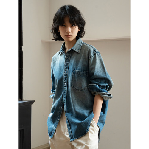 WHIMIN复古水洗做旧长袖衬衫