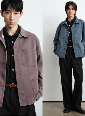 WHIMIN 复古水洗棉混纺工装夹克法工蓝外套男女同款