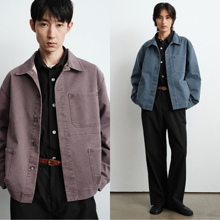 WHIMIN 复古水洗棉混纺工装夹克法工蓝外套男女同款