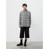 WHIMIN 男女同款 褶皱肌理色织格纹棉混纺长袖 衬衫