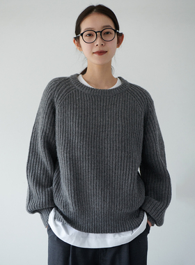 WHIMIN 圆领罗纹针织毛衣男女同款冬季加厚日系复古慵懒羊绒风格