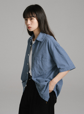 WHIMIN 定织复古蓝格纹长绒棉短袖衬衫男女同款