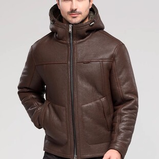 原生态醇植浆染羊皮毛一体男美式复古做旧重水洗真皮连帽保暖夹克