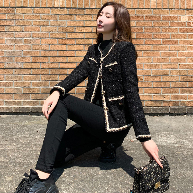 黑色小香风短款外套女2021新款秋冬小个子宽松名媛粗花呢毛呢上衣