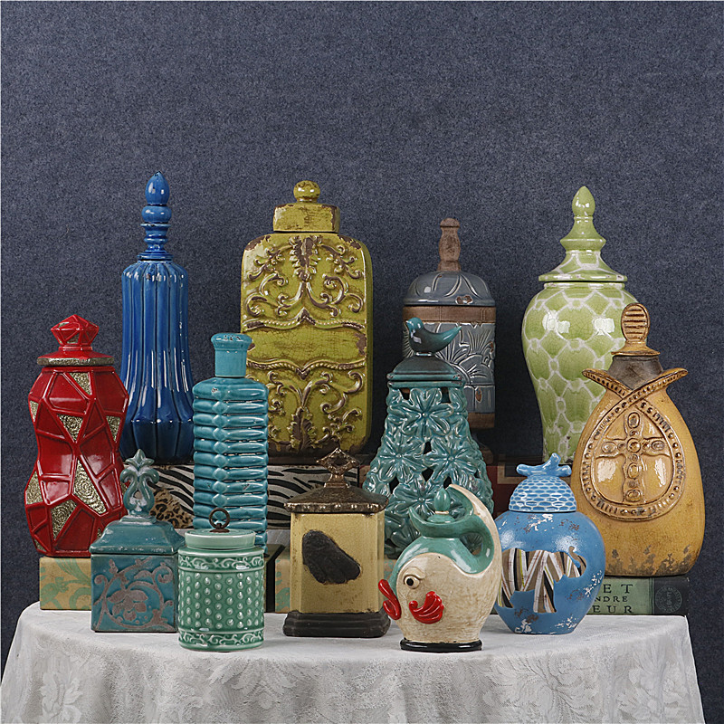 美式复古做旧陶瓷收纳摆件家居民宿客厅玄关橱窗装饰创意设计道具