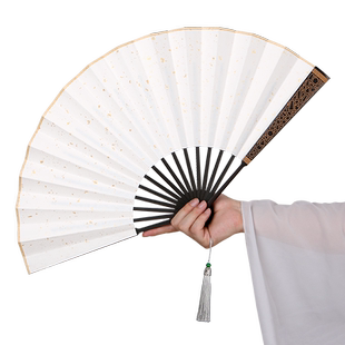 飞炽一尺越王勾践剑纹中国风宣纸折扇男士空白绢布古风窗格雕刻骨