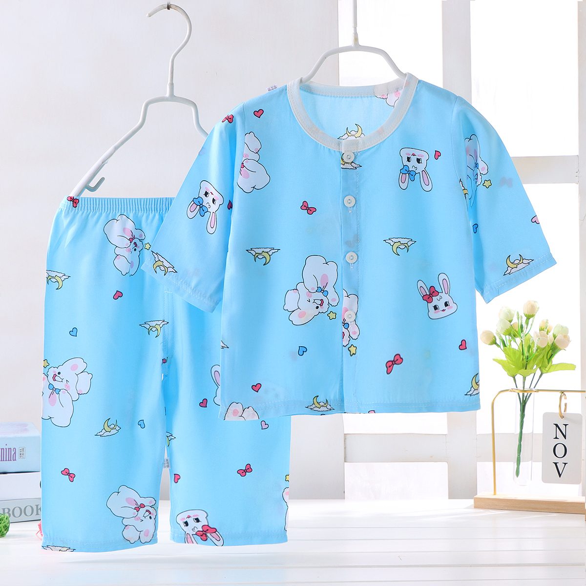儿童棉绸套装开衫空调服睡衣夏季薄款男童女童宝宝小孩前排扣绵绸