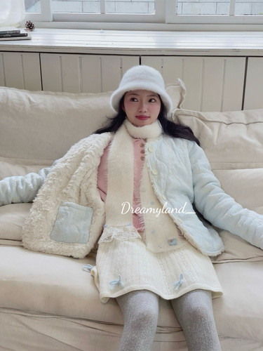 【现货】2025秋冬双面穿少女baby蓝绣花绗棉毛绒外套秋冬保暖上衣