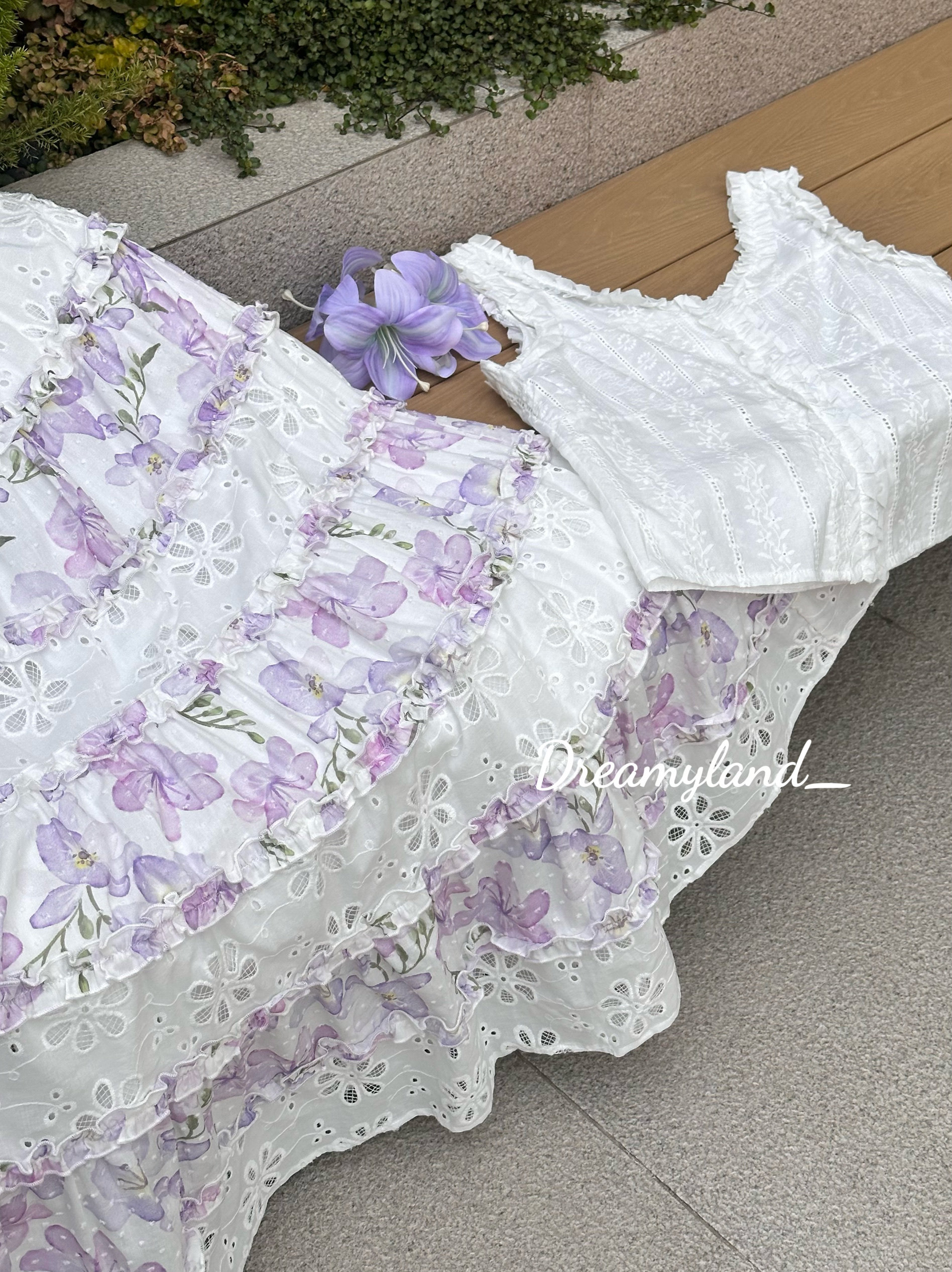【618特价】春夏清新紫色小苍兰印花镂空绣花半裙显瘦碎花长裙女